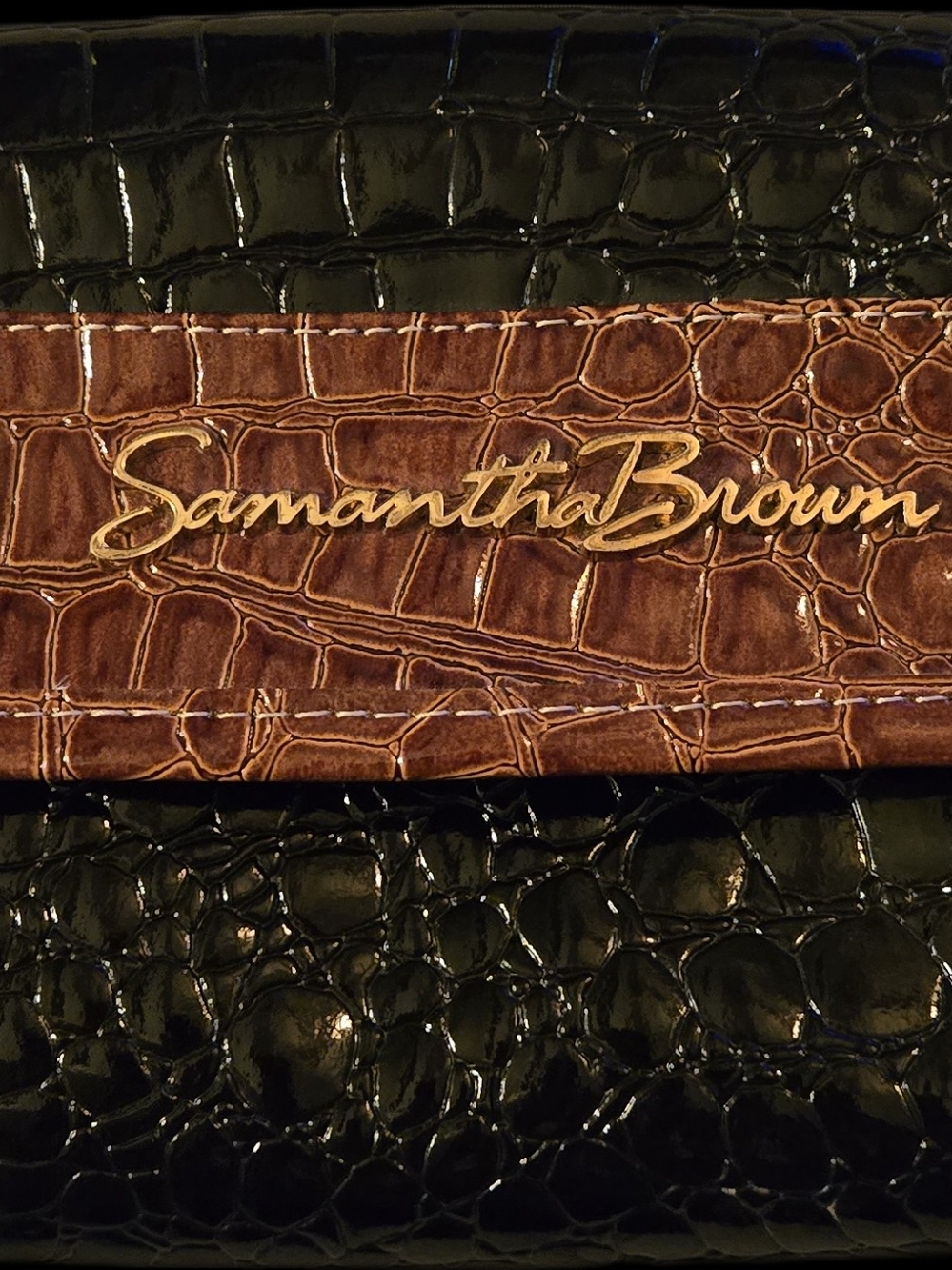 Samantha Brown Black & Brown Croc-Embossed Cosmetic Travel Bag 5.5x9x3 Closed